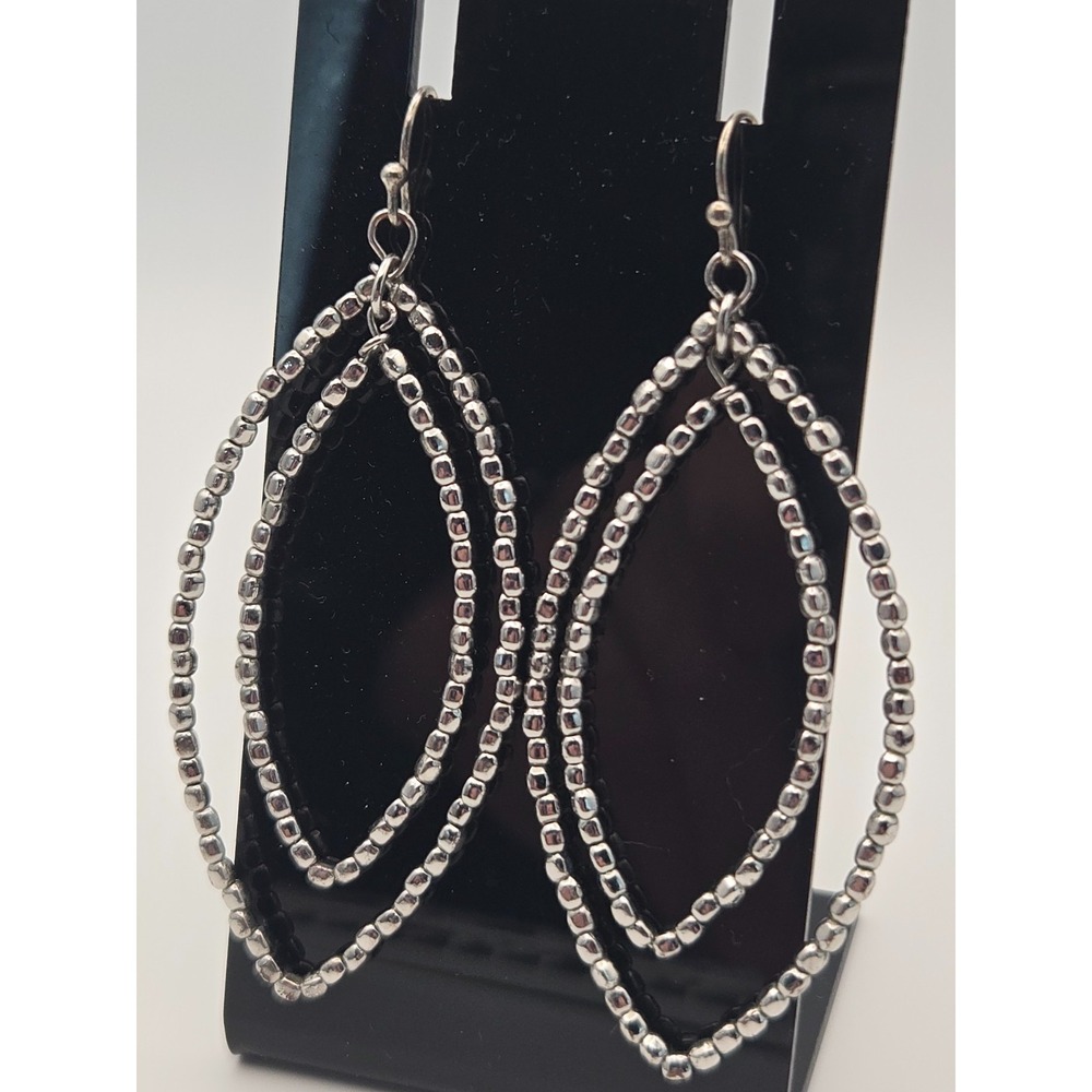 Silver Tone Double Leaf Shape Dot Texture Dangle Earrings Boho Minimalist Casual
